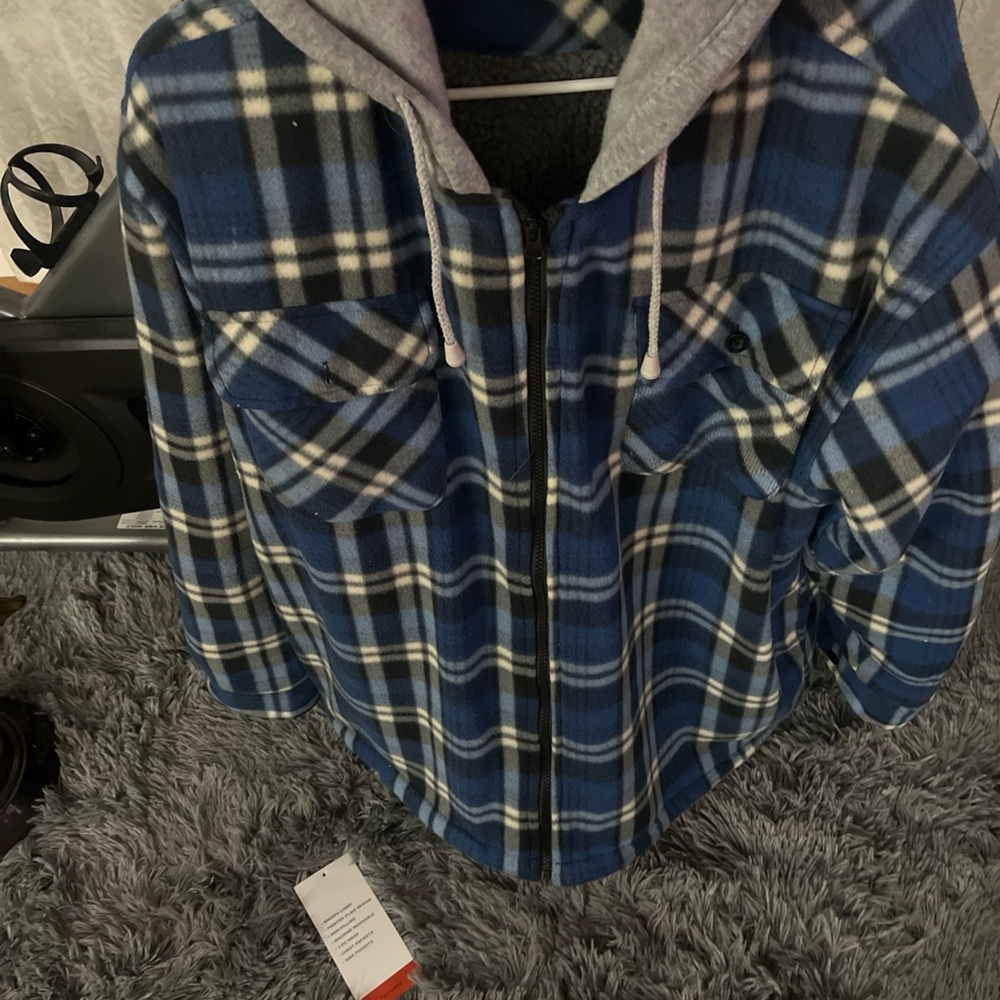 Men’s jacket extra large flannel fleece zipper pockets checked NEW